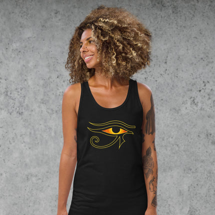 Ancient Egyptian Eye of Ra mythology symbol printed on a fiery tank top shirt.