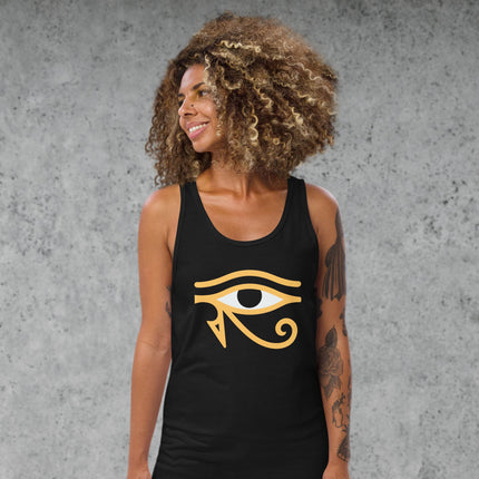Eye of Horus graphic tank top featuring ancient Egyptian mythology symbol design.