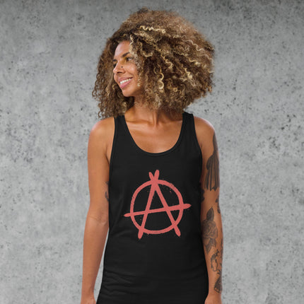 Red anarchy symbol tank top featuring a circular punk rock anti-establishment 'A' graphic print.