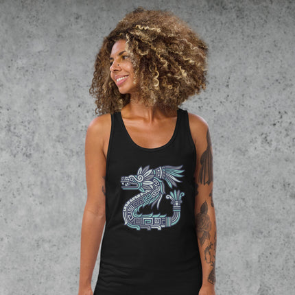 Quetzalcoatl feathered serpent graphic print inspired by Aztec and Mayan mythology.