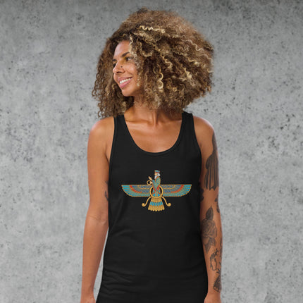 Faravahar symbol graphic tank top featuring Zoroastrian Persian heritage design tee.