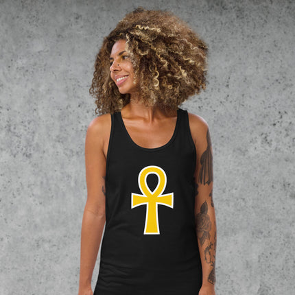 Unisex gold ankh symbol tank top featuring the ancient Egyptian life cross design.