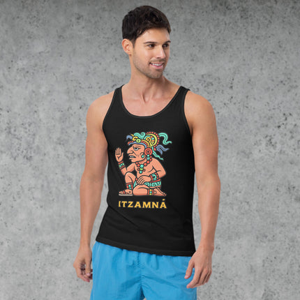 Itzamná Mayan God graphic tank top with colorful ancient mythology print.