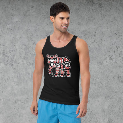 Indigenous Formline art bear graphic printed on a red, black, and white tank top.