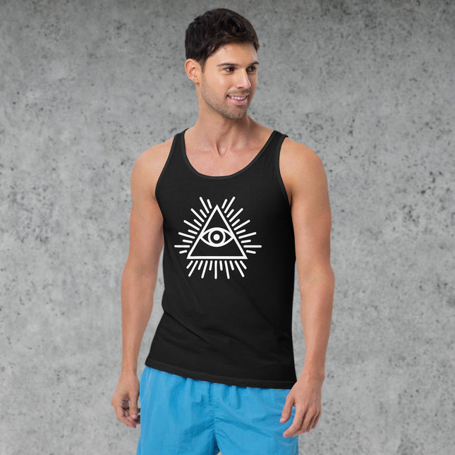 Black tank top featuring the Eye of Providence and all-seeing eye symbol over a pyramid graphic design.