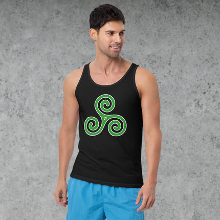 Celtic Triskelion symbol on a unisex graphic tank top shirt featuring the Irish triple spiral design.