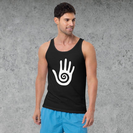 Hopi healing hand symbol tank top with native American spiral graphic print.