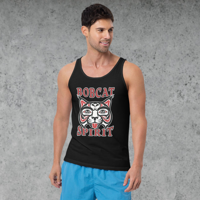Indigenous art bobcat face graphic on a red tank top.