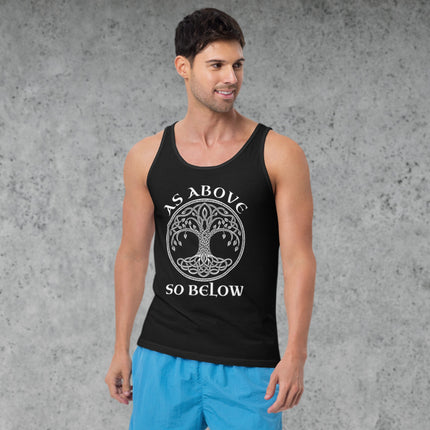 As Above So Below Celtic Tree of Life graphic printed on a mystical spiritual unisex tank top.