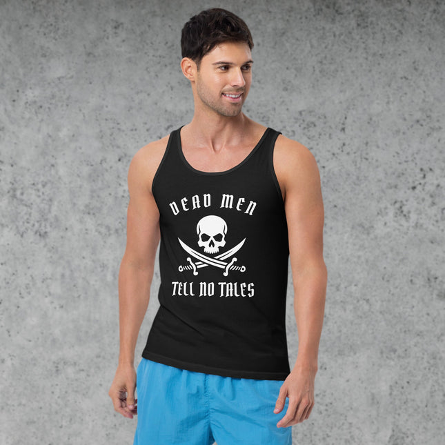 Dead Men Tell No Tales pirate skull graphic tank top with crossed swords design.