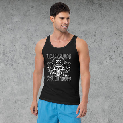 Dead Men Tell No Tales pirate skull tank top featuring swords graphic design.