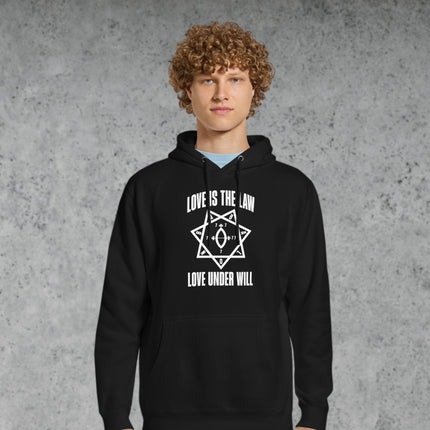 Love Is The Law hoodie featuring Star of Babalon occult symbols and esoteric Thelema print.