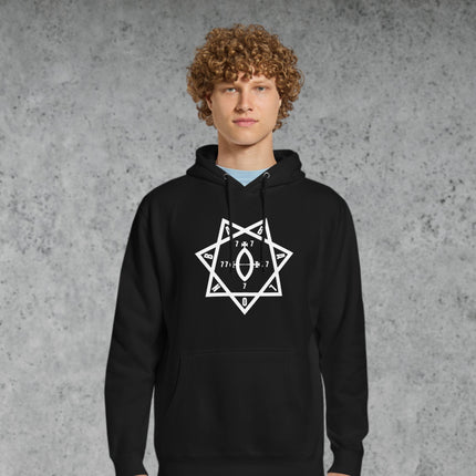 Star of Babalon and Crowley Thelema Seal graphic printed on a unisex fleece pullover hoodie.