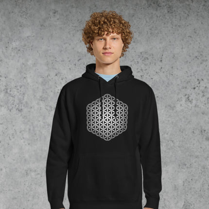 Flower of Life sacred geometry graphic print on a unisex pullover hoodie.