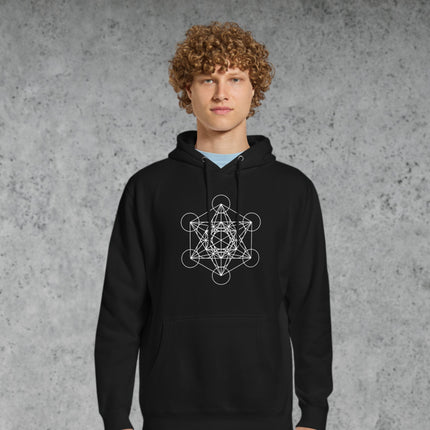 Metatron's Cube sacred geometry pattern printed on a unisex pullover hoodie.