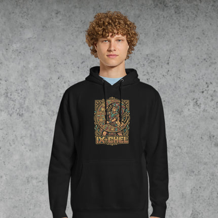 Mayan goddess Ixchel graphic art print on a pullover hoodie featuring ancient Mesoamerican designs.