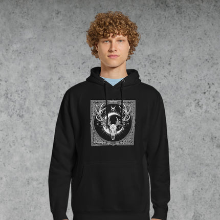 Stag skull hoodie featuring antler crown, crescent moon, and occult nature art design.