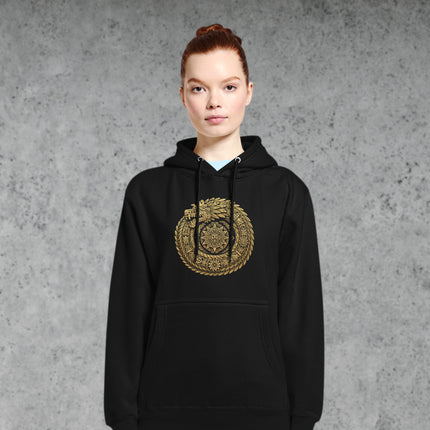 Gold mandala and feathered serpent sacred geometry print hoodie featuring mystical gold accents.