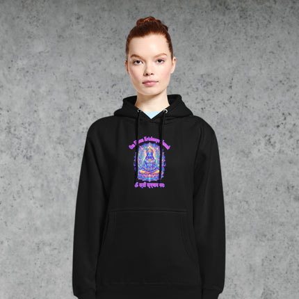 Om Kleem Krishnaya Namah Krishna spiritual art hoodie pullover featuring colorful mantra design.