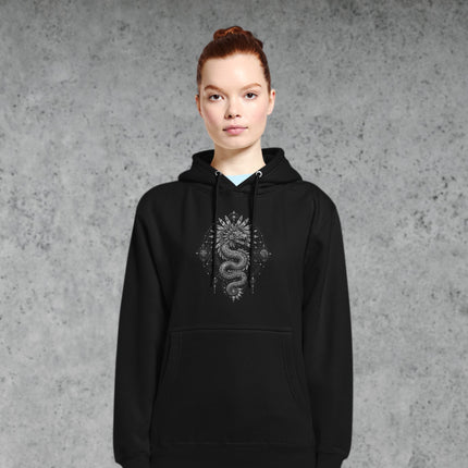 Quetzalcoatl feathered serpent mandala graphic print on a black occult hoodie.