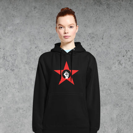 Socialist fist and red star symbol graphic on black protest hoodie.