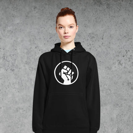 Socialist raised fist symbol graphic on a pullover hoodie for protest activism wear.