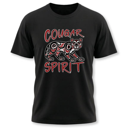 Cougar Spirit tribal art t-shirt featuring a mountain lion totem design in Pacific Northwest style.