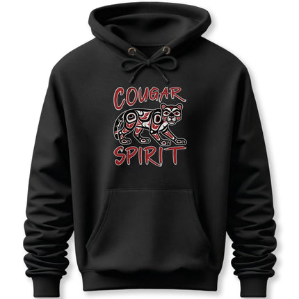 Cougar Spirit mountain lion graphic on a black hoodie. Indigenous style animal art.