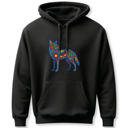 Colorful Huichol coyote folk art graphic on a black unisex pullover hoodie.