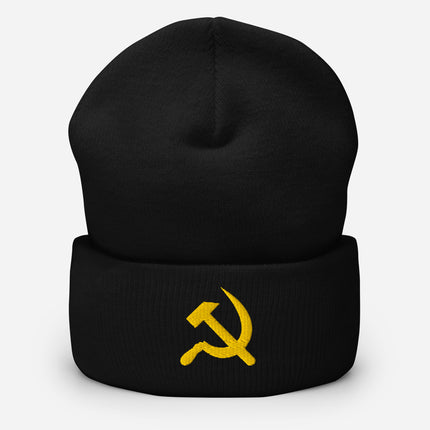 Yellow Hammer and Sickle Cuffed Embroidered Beanie