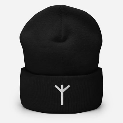 Algiz Rune Embroidered Cuffed Beanie with White Geometric Symbol