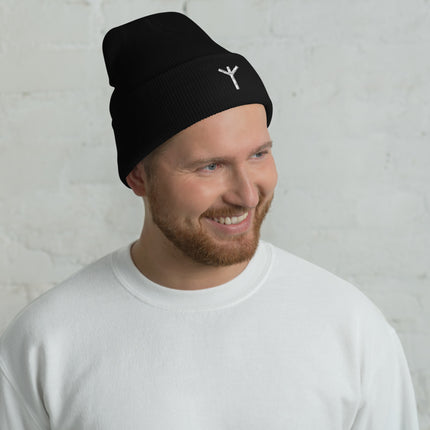 Algiz Rune Embroidered Cuffed Beanie with White Geometric Symbol