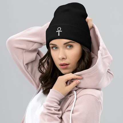 Ankh Embroidered Cuffed Beanie with White Ancient Egyptian Symbol
