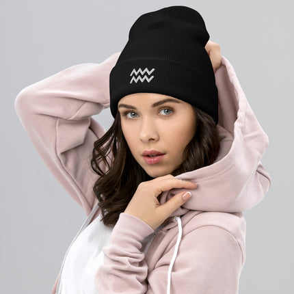 Aquarius Symbol Embroidered Cuffed Beanie with White Zodiac Waves