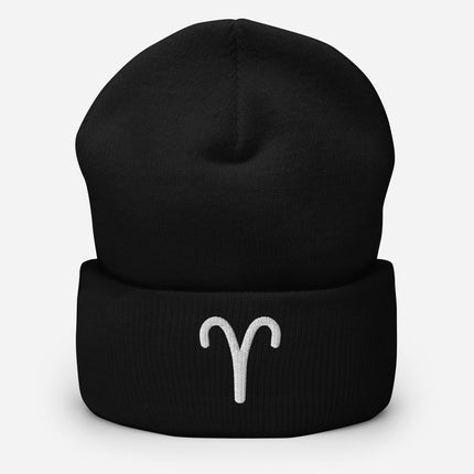 Aries Symbol Embroidered Cuffed Beanie with White Ram-Horn Zodiac Glyph