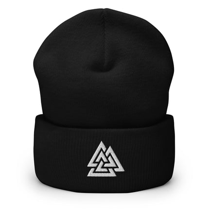 Valknut Cuffed Beanie with White Interlocking Norse Triangles