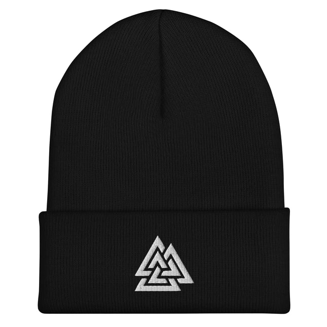 Valknut Cuffed Beanie with White Interlocking Norse Triangles