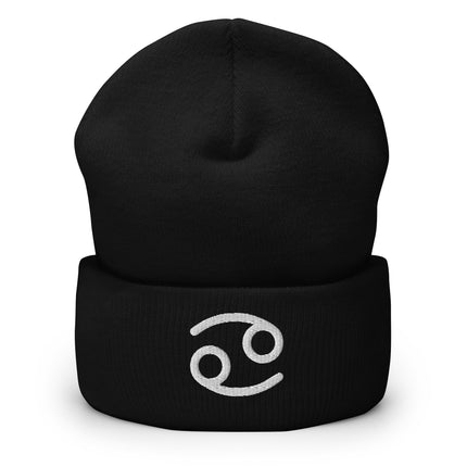Cancer Symbol Embroidered Cuffed Beanie with White Curved Zodiac Design