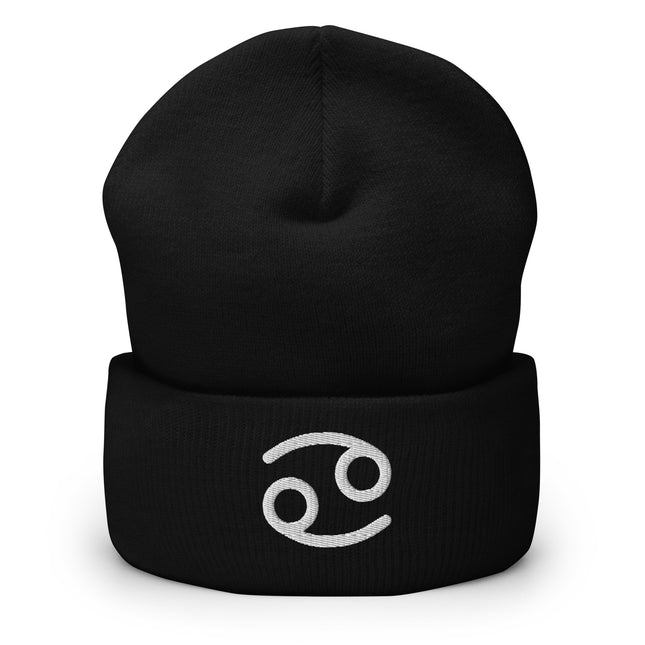 Cancer Symbol Embroidered Cuffed Beanie with White Curved Zodiac Design