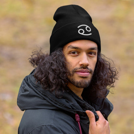 Cancer Symbol Embroidered Cuffed Beanie with White Curved Zodiac Design