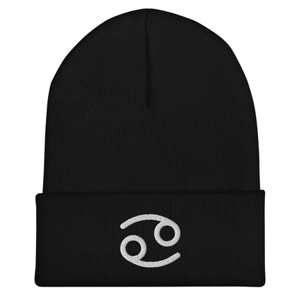 Cancer Symbol Embroidered Cuffed Beanie with White Curved Zodiac Design