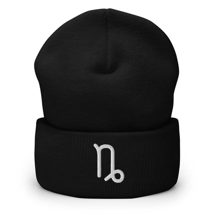 Capricorn Symbol Embroidered Cuffed Beanie with White Looped Zodiac Glyph