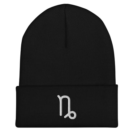 Capricorn Symbol Embroidered Cuffed Beanie with White Looped Zodiac Glyph