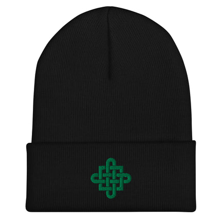 Celtic Knot Cross Embroidered Cuffed Beanie with Green Interlaced Design
