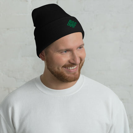 Celtic Knot Cross Embroidered Cuffed Beanie with Green Interlaced Design