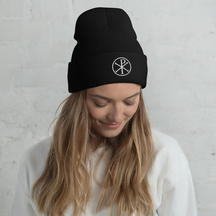 Chi Rho Circle Embroidered Cuffed Beanie with White Christian Monogram