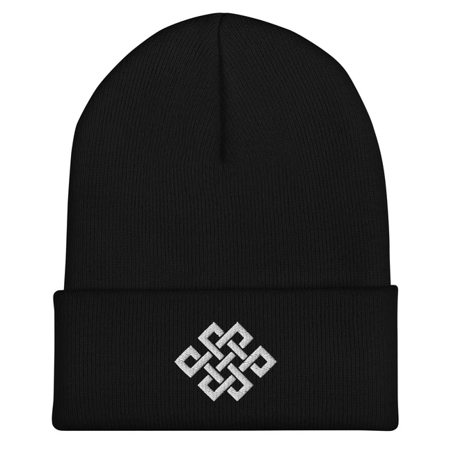 Endless Knot Embroidered Cuffed Beanie with White Interwoven Geometry
