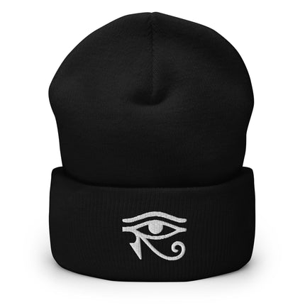 Eye of Horus Embroidered Cuffed Beanie with White Egyptian Eye Design