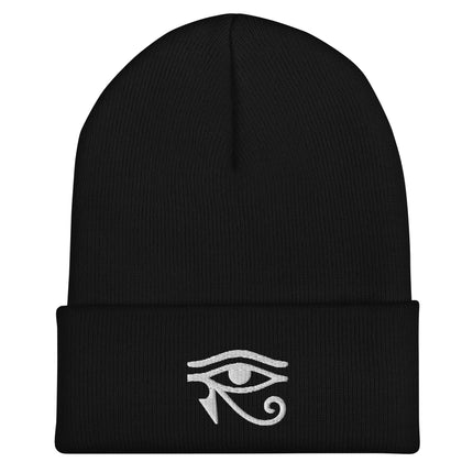 Eye of Horus Embroidered Cuffed Beanie with White Egyptian Eye Design
