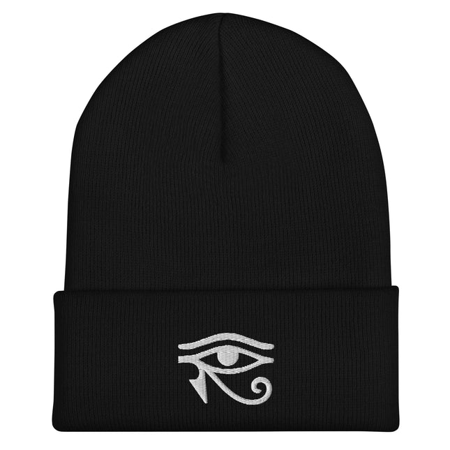 Eye of Horus Embroidered Cuffed Beanie with White Egyptian Eye Design